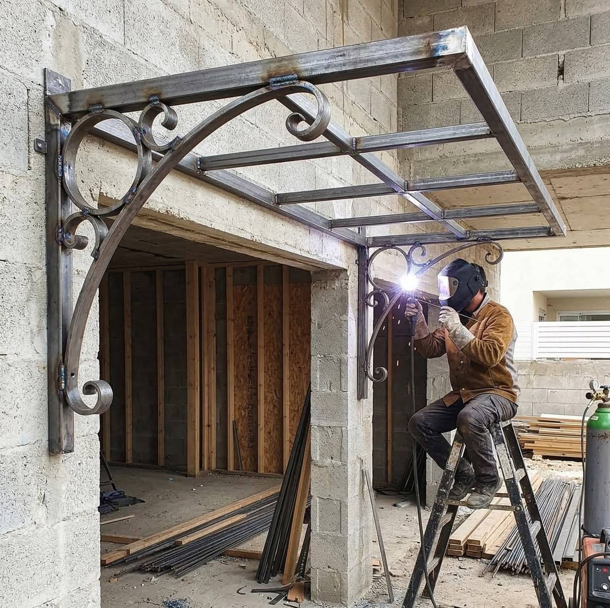Welder on a ladder welding on site the steel frame of a canopy with scroll brackets, above an opening