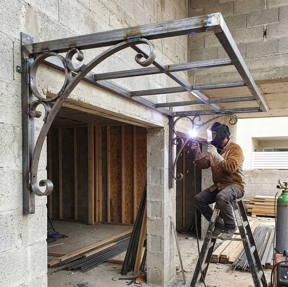Lasser op een ladder die ter plaatse de stalen structuur van een luifel met krulconsoles last, boven een opening